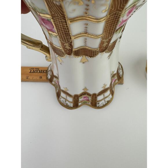 NIPON Porcelain Hand-Painted Chocolate Pot Pink Rose Gold Raised Beaded Gilt VTG - Picture 13 of 13